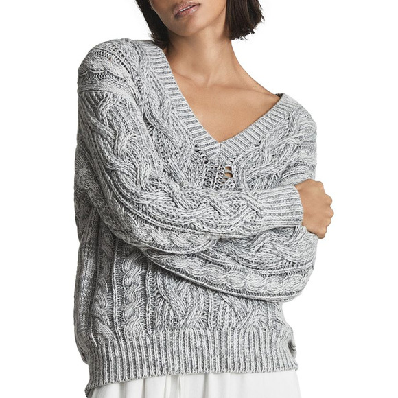 REISS Esme Cable Knit V-Neck Jumper Sweater in Gray Women's size Medium - Picture 1 of 11